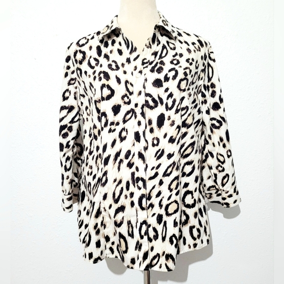 Chico’s Women Size XL Button Front Leopard Print Blouse 100% Cotton 3/4 Sleeve - Picture 1 of 13
